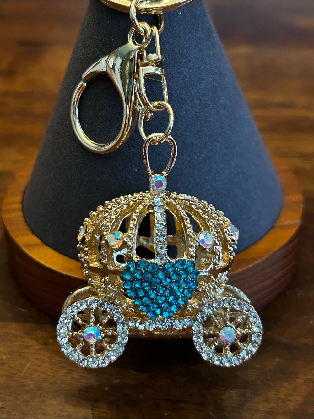 Beautiful Gold Tone Crystal Carriage Keychain Bag Charm w/Blue Hearts NWOT